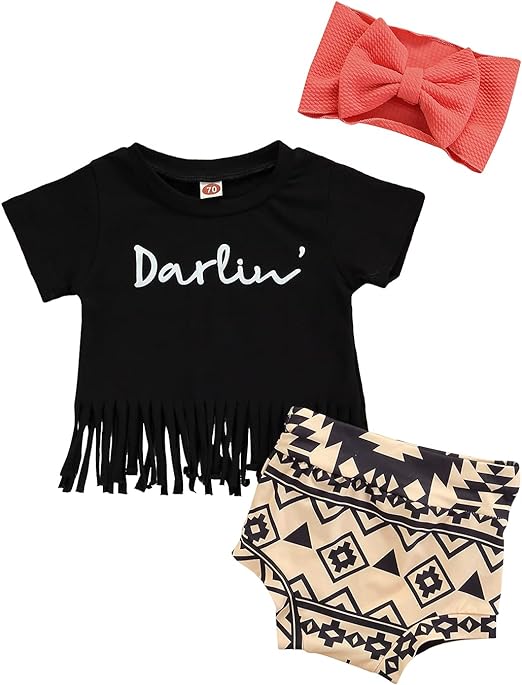 Newborn Infant Baby Girl Outfit 3pcs Letter Print Western Clothes Sets Short Sleeve Tassel T-Shirts Shorts