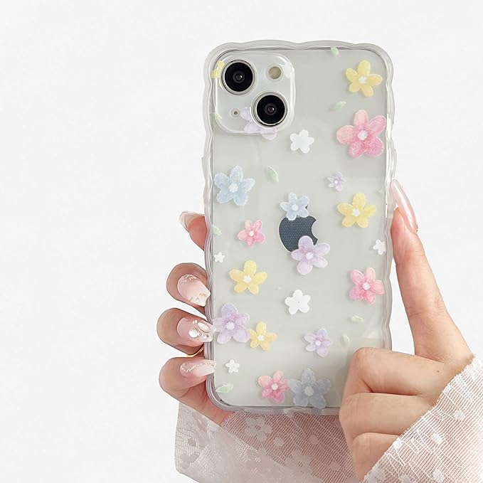Case for iPhone 15 Pro Max,Transparent Clear Cute Flower Floral Pattern Wave Design Curly Wavy Frame Case,Soft Shockproof Case for iPhone 15 Pro Max Phone Case 6.7 Inch,Colorful Flower