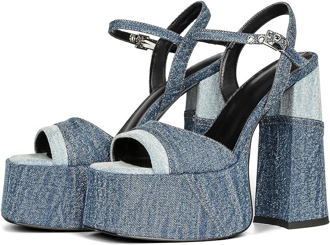 Platform Heels for Women Denim Chunky High Heel Sandals Peep Open Toe Ankle Buckle Strap Backless Heeled Sandals Casual Comfort Dress Sandals Shoes