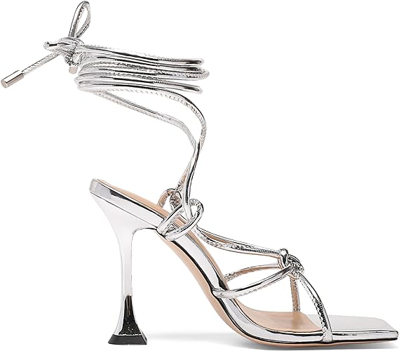 Lace Up Heels for Women Square Toe Strappy Heeled Sandals Dress Stiletto Heels