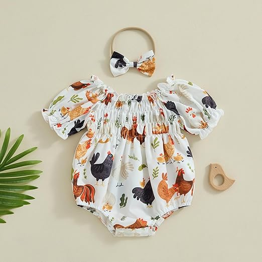 Newborn Baby Girl Farm Outfit Chicken Print Short Sleeve Romper Smocked Bodysuit Headband Infant Country Clothes