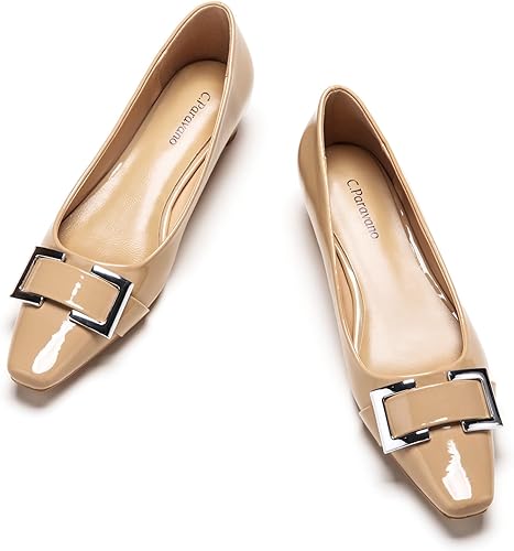C.Paravano Women's Pumps | Closed Toe Chunky Heel | Leather Low Block Heels | Square Toe Low Heels | Dress Pumps Shoes