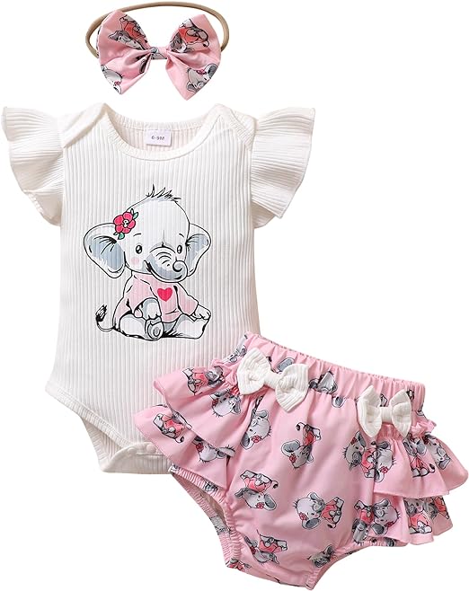 Tiny Cutey Baby Girl Clothes Infant Summer Outfits Set Ruffle Sleeve Romper and Floral Shorts with Headband