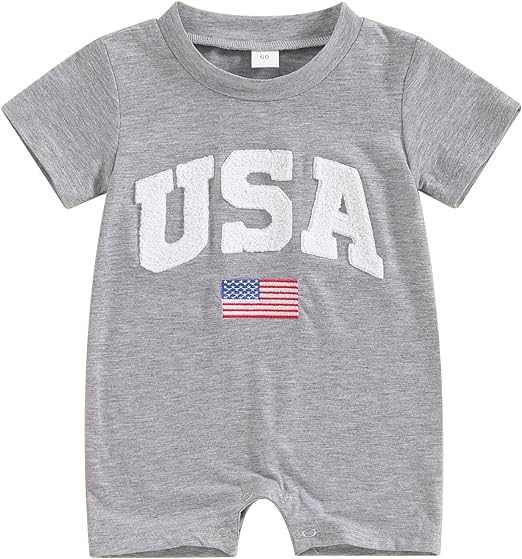 4th Of July Baby Outfits Infant Girls Boys Fuzzy Letter Flag Embroidery Rompers Bodysuits Summer Jumpsuits