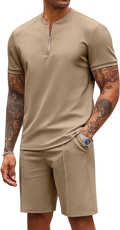 COOFANDY Men's 2 Pieces Outfits Casual Quarter Zip Polo T Shirt and Shorts Set Athletic Jogging Summer Tracksuit