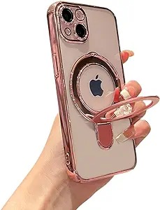 Threehundred for iPhone 13 Case Clear Magnetic Build-in Stand with Camera Lens Protection MagSafe Shockproof Soft Protective Slim Phone Case Cover for iPhone 13 Case 6.1 Inch - Pink