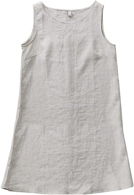 Amazhiyu Women's Linen Sleeveless Shift Dress with Pockets Crew Neck Casual Tank Dress