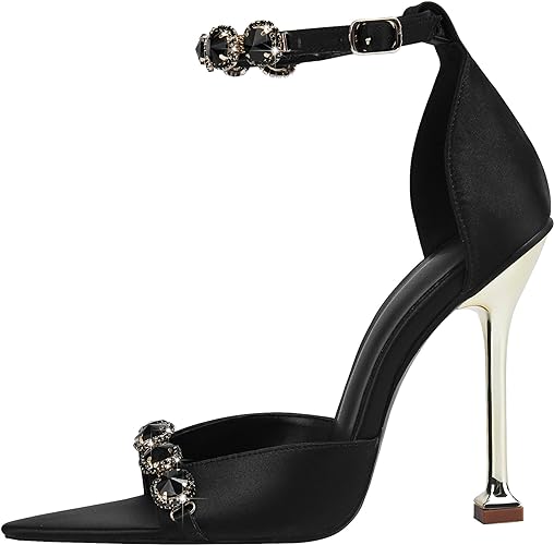 Women's Rhinestone Stiletto High Heeled Sandals Open Pointed Toe Ankle Buckle Heels Sandals Sexy Satin Stiletto Ankle Strappy Sandals for Party Prom