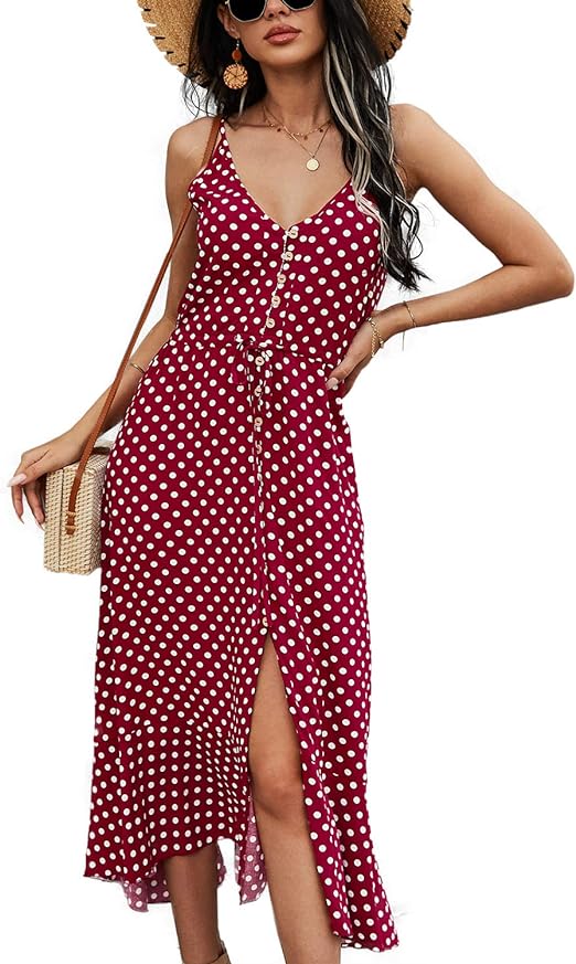 BROVAVE Women's 2024 Summer Casual Boho Sundress Polka Dot Spaghetti Strap V Neck Flowy Midi Dresses