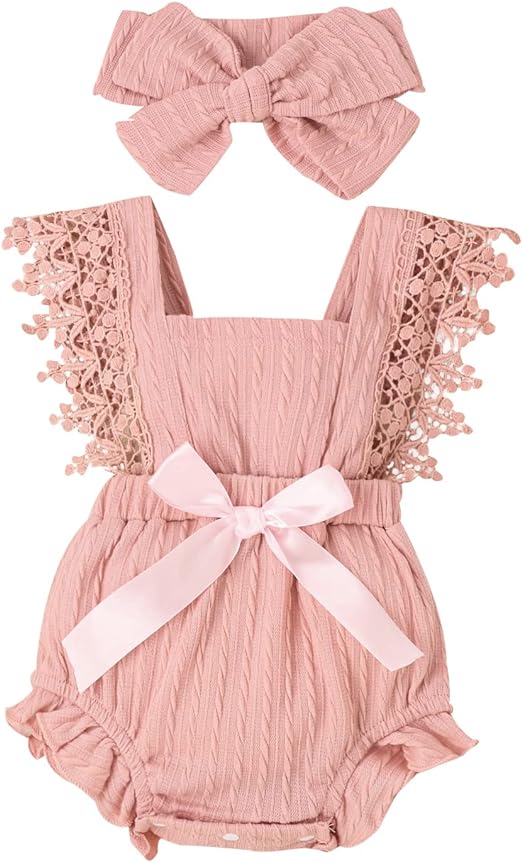 Visit the Yoawdats Store Baby Girl Lace Romper Sleeveless Ruffle Bow Decorated Romper Jumpsuit Bodysuit with Headband Newborn Baby Clothes
