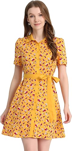 Allegra K Women's Short Sleeve Contrast Collar Belted Floral Shirt Dress