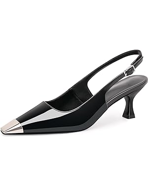 Women's Kitten Heel Slingback Square Toe Pumps Buckle Strap Metal Decoration Patent Leather Comfortable Elegant Wedding Dress Shoes
