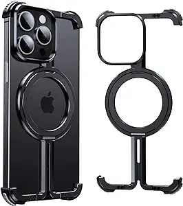 for iPhone 14 Pro Case, Minimalist Design, Metal Frameless, Built-in Kickstand, Compatible with MagSafe, Strong Magnetic, Heavy Duty Shockproof Protective Bumper Case for iPhone 14 Pro, Black