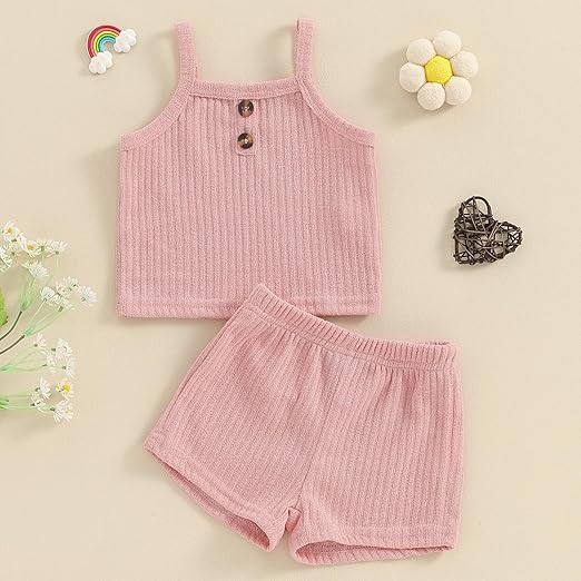 Toddler Baby Girl Summer Clothes Ribbed Sleeveless Button Front Cami Tops and Shorts Infant Outfits Set