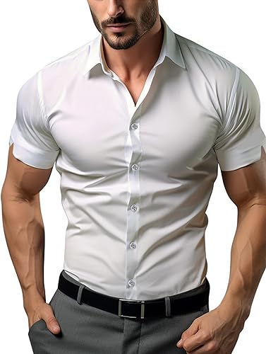 Men's Muscle Dress Shirts Solid Short Sleeve Business Casual Button Down Shirt Slim Fit Stretch Athletic Fit Shirt