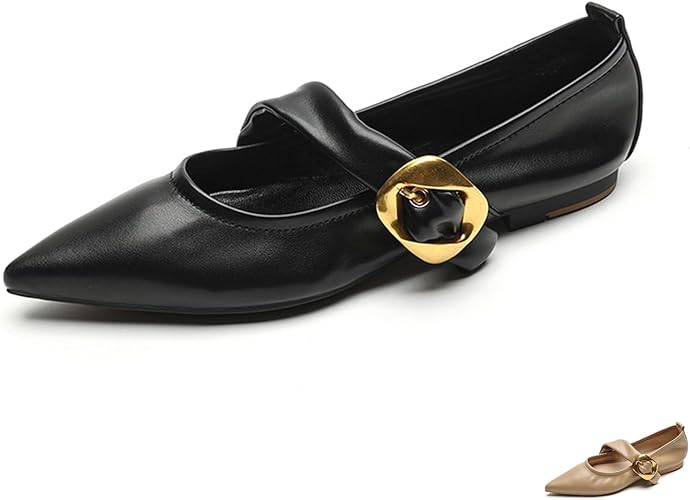 Women's Leather Mary Jane Flat Shoes with Adjust Metal Buckle Fashion Closed Pointed Toe Shallow Mouth Slip On Comfortable Luxury Business Wedding Dress Shoes