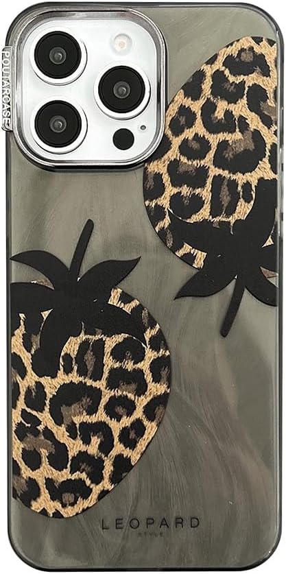 Simple Strawberry Leopard Print Phone Case for iPhone 15 Pro Max Cover Shockproof Silicone Cute Design Protective Cases Women for Apple 15 Pro Max - Black