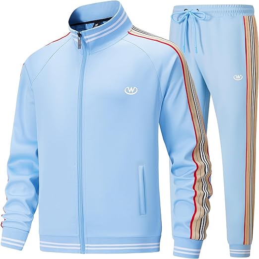 W JIANWANG Men's Tracksuits Full-zip Long Sleeve Plaid Jogging Sets Active Jackets and Pants 2 Piece Outfits