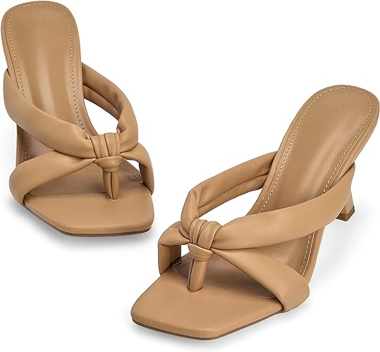 Coutgo Womens Thong Heels Mules Square Toe Heeled Flip Flops Mule Sexy Stiletto Dress Party Sandals