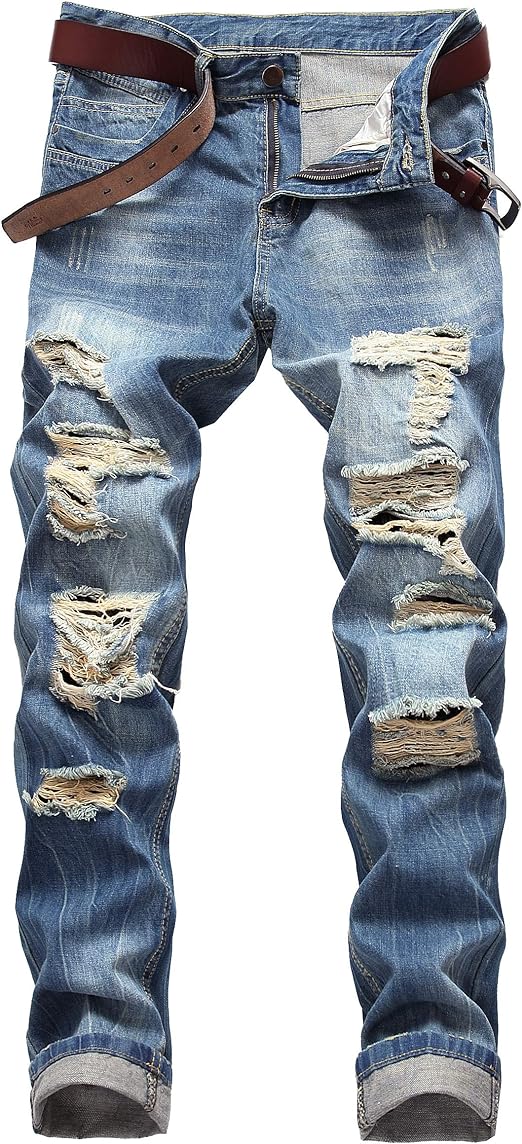 DANT BULUN Men's Ripped Distressed Destroyed Slim Fit Straight Leg Denim Jeans