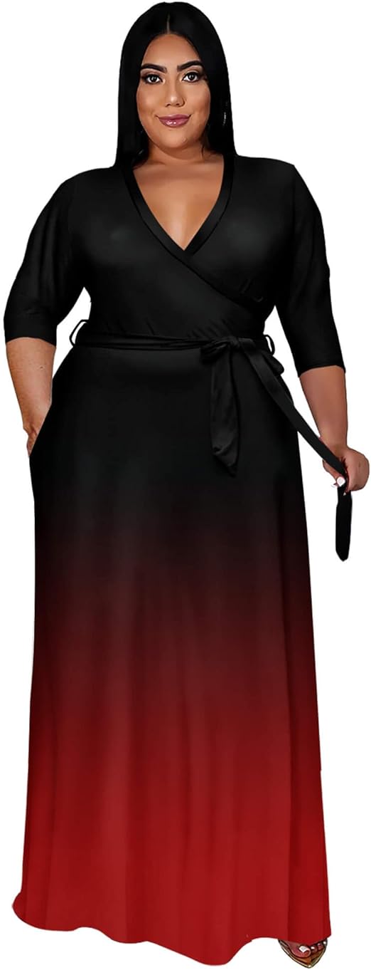 Runwind Plus Size Dress for Women - 3/4 Sleeve V Neck Printing Maxi Dresses for Women （XL-6XL）