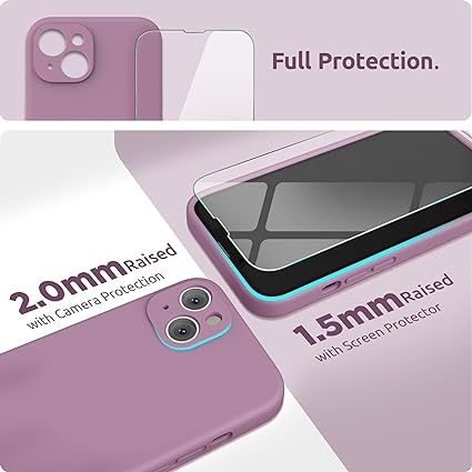 SURPHY Compatible with iPhone 13 Case with Screen Protector, (Camera Protection + Soft Microfiber Lining) Liquid Silicone Phone Case 6.1 inch 2021 (Lilac Purple)