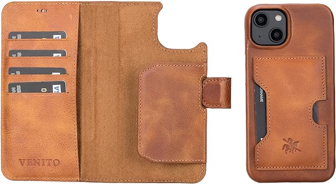 Venito Florence Wallet Case for iPhone 14 Leather Folio Case with RFID Blocking Non Magnetic Detachable Phone Case (Antique Brown)
