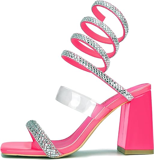 CAMSSOO Rhinestone Heels for Women Strappy Chunky Sandals Square Toe Spiral Wrap Ankle Strap High Heel Prom Wedding Party Shoes 3.35 Inches