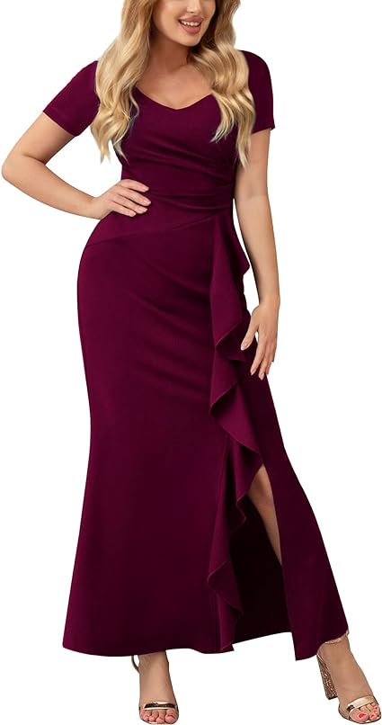 Miusol Women's Deep V-Neck Ruffle Split Evening Prom Long Dress
