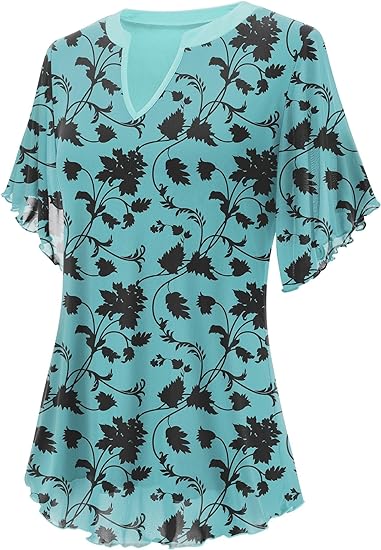 LUYAA Womens Ruffle Sleeve V Neck Tops Floral Loose Fit Blouses Tunic Short Sleeve Flowy Shirts Dressy