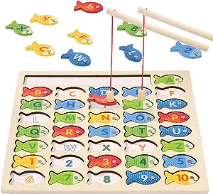 Wooden Magnetic Fishing Game for Toddlers, Montessori Fine Motor Skills Toy with Letters and Numbers, Preschool Learning ABC and Puzzle Birthday Toys Gift for 3 4 5+ Year Old Kids(2 Poles)