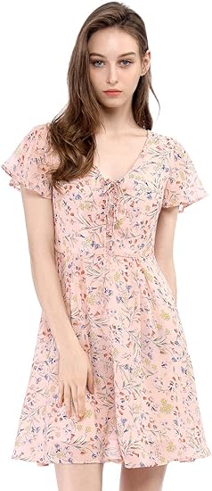 Allegra K Women's Floral Printed Spring Summer Flare Short Sleeve Lace-up V Neck Chiffon Dress