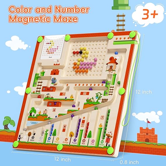 Upgraded Magnetic Color and Number Maze, 2 in 1 Wooden Magnetic Beads Maze Drawing Board, Premium Montessori Fine Motor Toys for Kids, Preschool Educational Toy Gift for 3+ Year Old Boys Girls Visit t