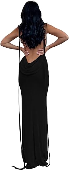 Volemo Slip Bodycon Dresses for Women Spaghetti Strap Lace Up Backless Cowl Neck Maxi Mermaid Cocktail Party Dress