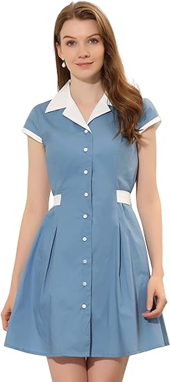 Allegra K Women's Vintage Button Down Shirt Dress Notch Lapel Short Sleeve Belted Office Mini Short Dresses