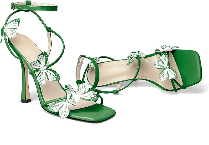 AUMOTED Womens Butterfly Heels Sandals Stilettos High Heels Strappy Square Open Toe Spool Butterfly Heeled Sandals 4 Inch Wedding Dress Shoes
