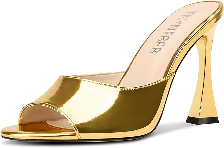 Womens Stiletto High Heel Peep Open Toe Sandals Mules Shoes Slingback Slip-on Prom Party Dress Patent Leather 3.9 Inches Heels