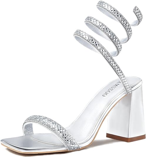 CAMSSOO Strappy Heels For Women Rhinestone Chunky High Heel Sandals Ankle Strap Square Toe Wedding Evening Party Dress Pumps Shoes