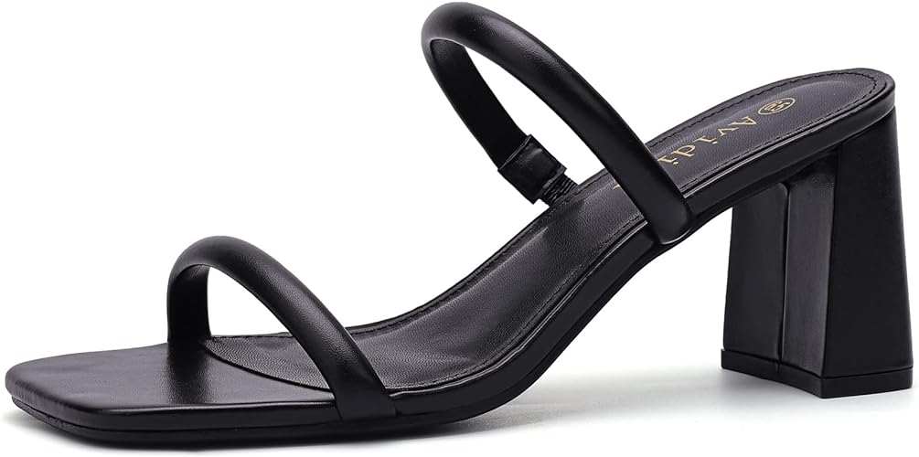 Women's Square Open Toe Heeled Sandals Two Strap Mules Slip On Block Chunky Mid Heels Sandals
