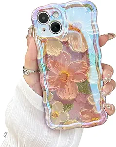 Designed for iPhone 14 Case for Women, Cute Curly Wave Frame Shape, Colorful Retro Oil Painting Flower Laser Beam Glossy Pattern, Compatible with iPhone Case (iPhone 14, Pink)