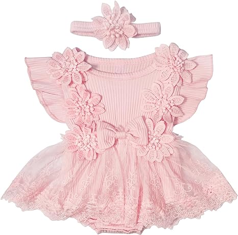 Newborn Baby Girl Romper Tulle Dress Flowers Bodysuit Infant Girls Dresses Set with Headband
