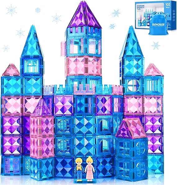 102pcs Frozen Castle Magnetic Tiles - 3D Diamond Building Blocks, STEM Educational Kids Toys for Pretend Play, 3 4 5 6 7 8 Year Old Girl Birthday Gifts for Your Princess and Prince