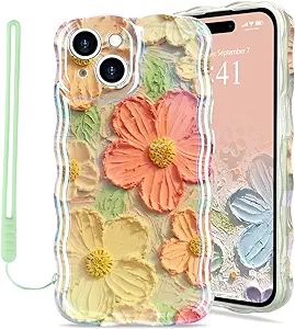 Micoden for iPhone 14 Case for Women Girls, Cute Floral Colorful Flower Oil Painting Full Camera Protection Cover Thin Curly Wave Edge Soft Shockproof Silicone Phone Case for iPhone 14, Green