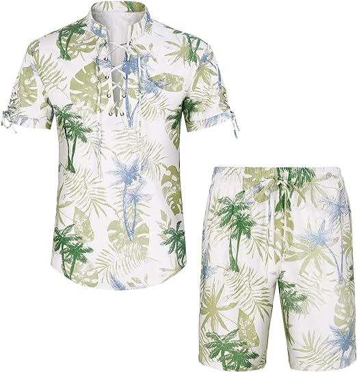 Mens 2 Pieces Hawaiian Set Floral Printed Shirt Short Sleeve with Casual Beach Shorts Summer Outfit