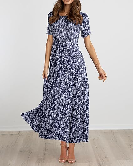 BTFBM Women Casual Short Sleeve Crew Neck Summer Dress Bohemian Floral Printed Flowy Maxi Dresses Tiered Cocktail Dress