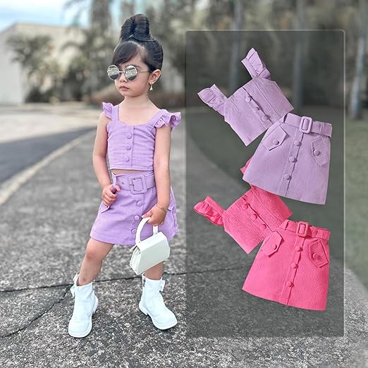 Fernvia Toddler Baby Girl Skirt Set Ruffle Sleeveless Tank Tops and Mini A-Line Belted Skirt 2Pcs Summer Outfits
