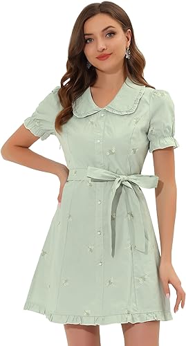 Allegra K Peter Pan Dress for Women's Ruffle Sleeve Vintage Floral Cotton Dress