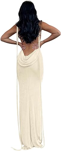 Volemo Slip Bodycon Dresses for Women Spaghetti Strap Lace Up Backless Cowl Neck Maxi Mermaid Cocktail Party Dress