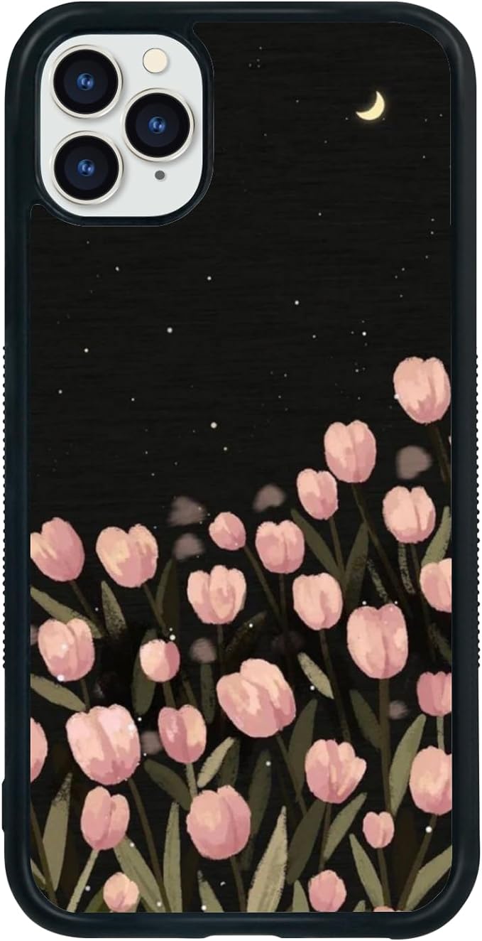 Cute Pink Tulip Phone Case, Black Moon Flower Pattern iPhone 11 Pro Max Case, Non-Slip Design and Shock Absorption, Phone Case for Teen Girls, Boys, Women and Men(iPhone - 11 Pro Max)