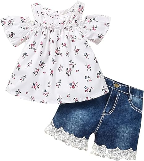 Toddler Baby Girls Clothes Set Ruffled Off Shoulder Short Sleeve Floral T-Shirt Tops+Denim Jean Short Summer Outfit